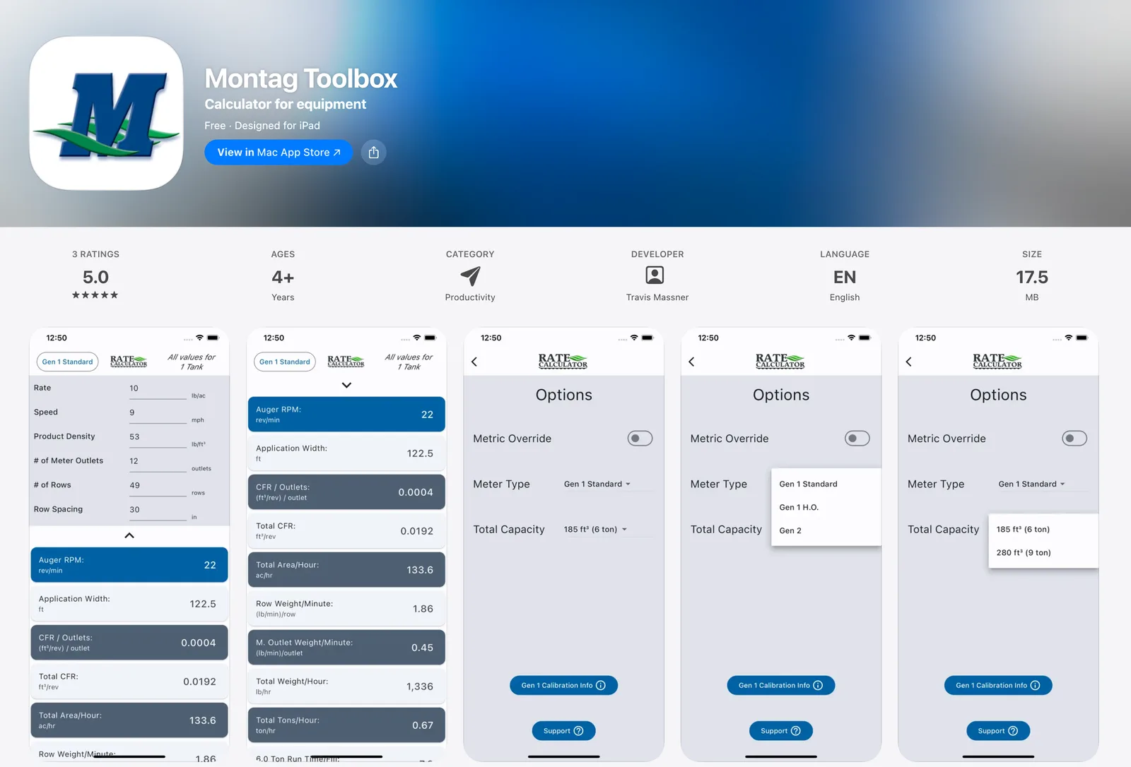 Montag Toolbox on the App Store, showing the rate calculator and options screens